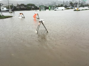 Flooded streets and parking lot. Linda Mar Shopping Center, Pacifica