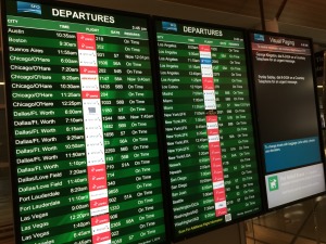 SFO Departure Board - Showing all flights arriving "on time." Situation has been changing by the minute. Monday, December 1, 2014