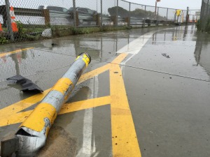 "This individual went over metal pylons, squeezed through very tight areas," said Ofc. Andrew Barclay of California Highway Patrol.  Alleged DUI driver smashes pylon after crash. December 2nd 2014