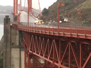 Lane Closure to remove car. A DUI suspect drove 400 yards along the pedestrian walkway of the Golden Gate Bridge before becoming wedged in the fencing. Tuesday, December 2nd, 2014